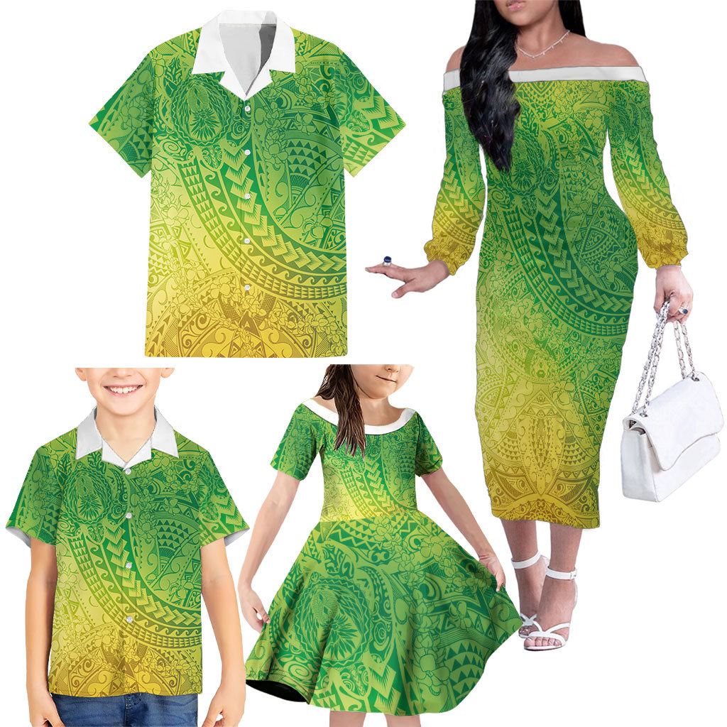Hawaiian Turtles and Leis Family Matching Off The Shoulder Long Sleeve Dress and Hawaiian Shirt Tribal Kakau Pattern Fresh Summer Vibe