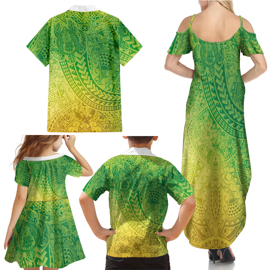 Hawaiian Turtles and Leis Family Matching Summer Maxi Dress and Hawaiian Shirt Tribal Kakau Pattern Fresh Summer Vibe