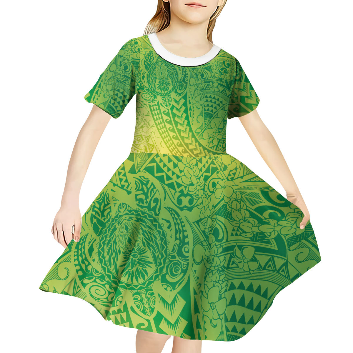 Hawaiian Turtles and Leis Kid Short Sleeve Dress Tribal Kakau Pattern Fresh Summer Vibe