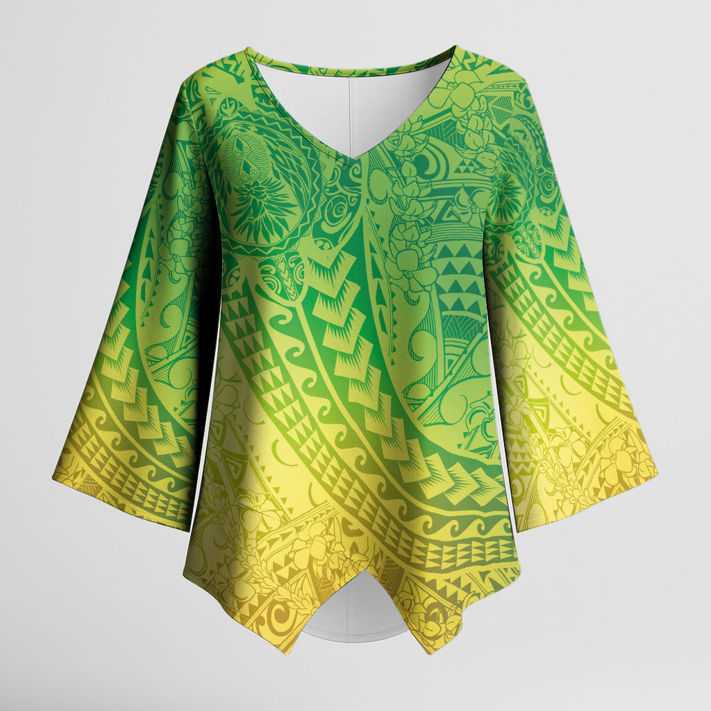 Hawaiian Turtles and Leis Kimono Sleeve Blouse Tribal Kakau Pattern Fresh Summer Vibe