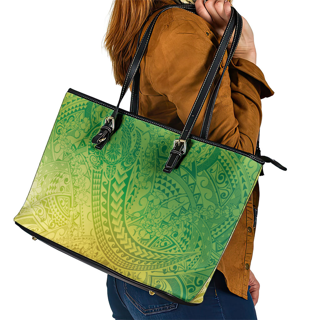 Hawaiian Turtles and Leis Leather Tote Bag Tribal Kakau Pattern Fresh Summer Vibe