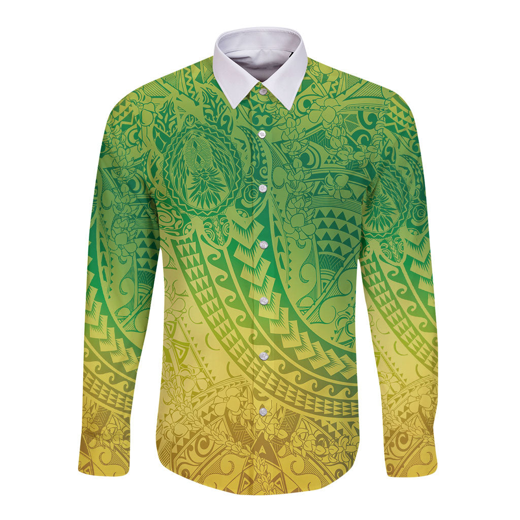 Hawaiian Turtles and Leis Long Sleeve Button Shirt Tribal Kakau Pattern Fresh Summer Vibe LT03 Unisex Green - Polynesian Pride