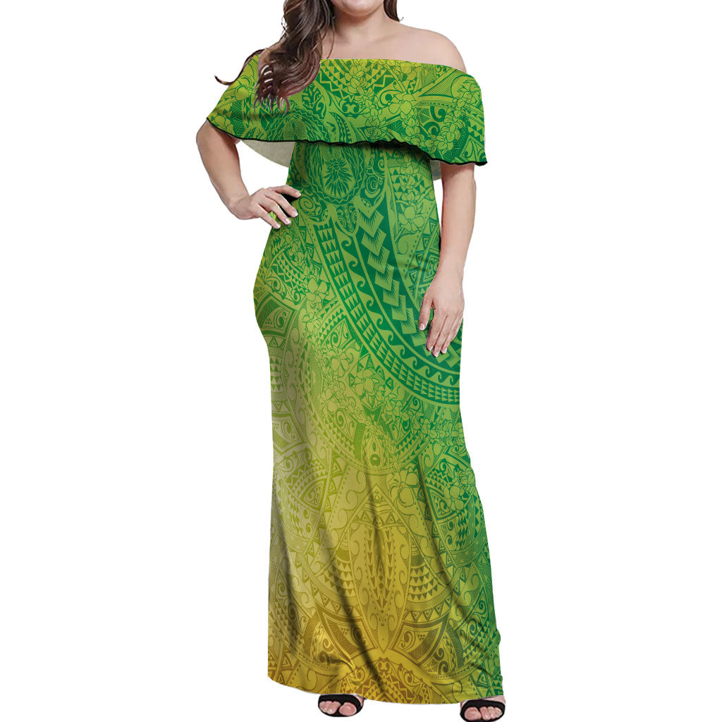 Hawaiian Turtles and Leis Off Shoulder Maxi Dress Tribal Kakau Pattern Fresh Summer Vibe LT03 Women Green - Polynesian Pride