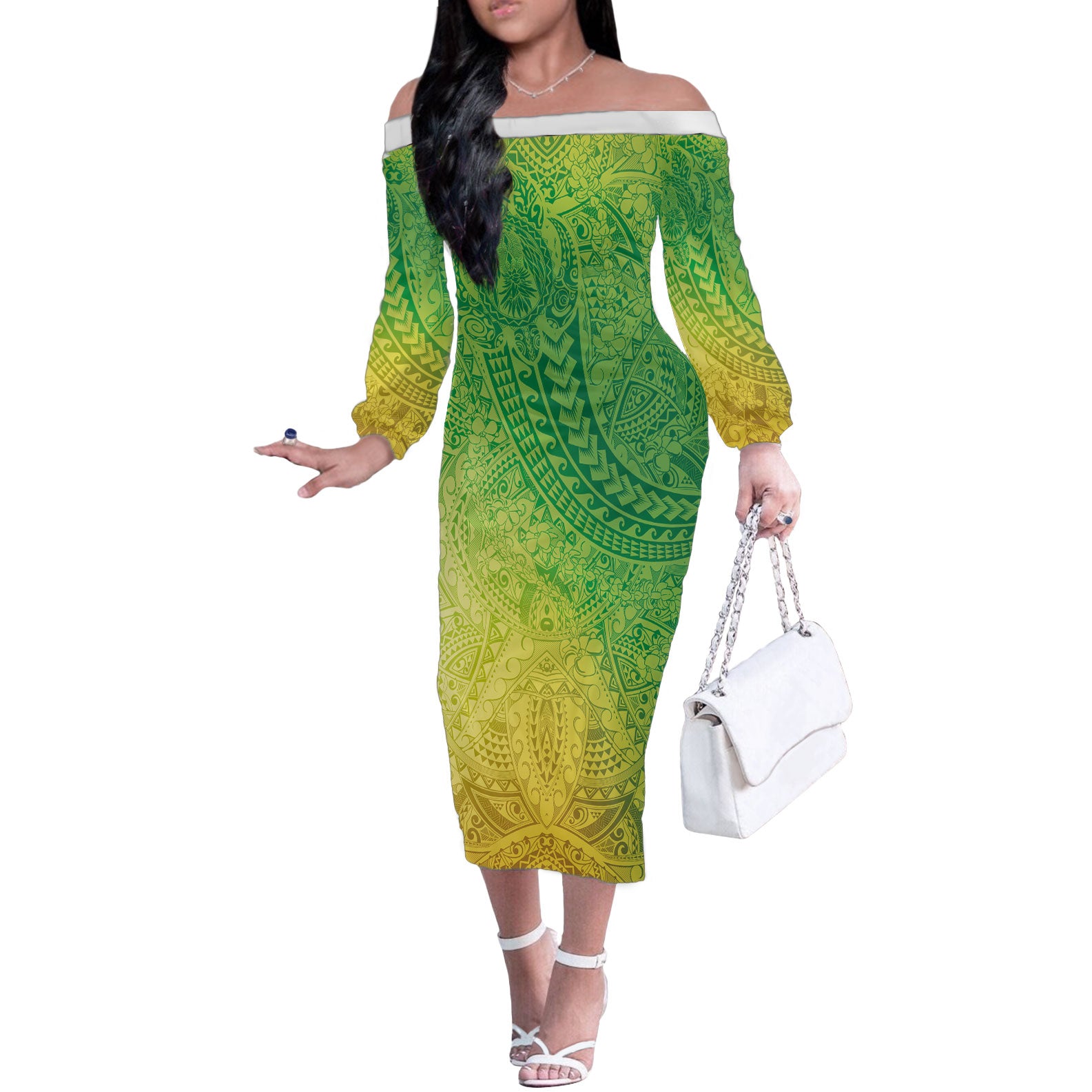 Hawaiian Turtles and Leis Off The Shoulder Long Sleeve Dress Tribal Kakau Pattern Fresh Summer Vibe LT03 Women Green - Polynesian Pride