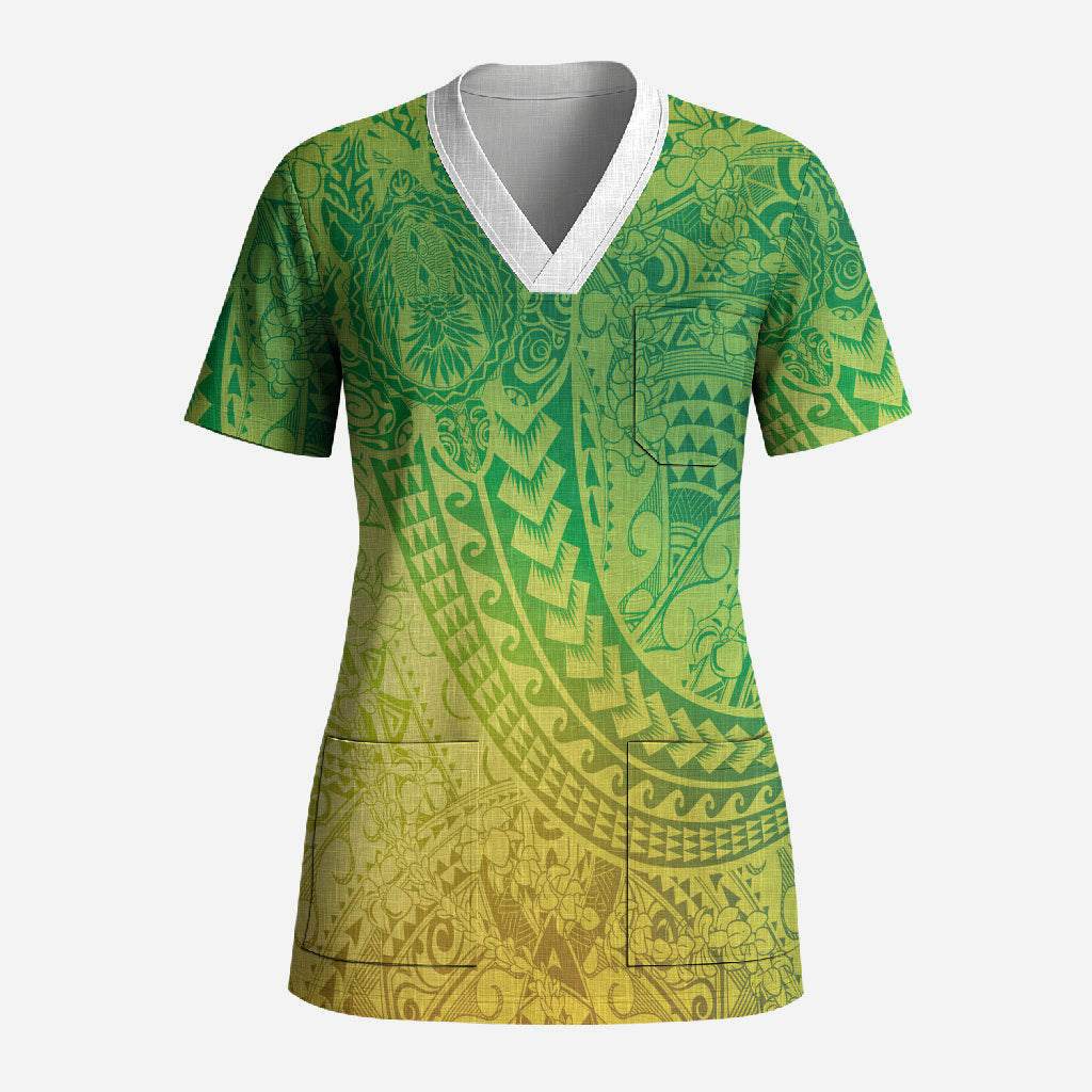 Hawaiian Turtles and Leis Scrub Top Tribal Kakau Pattern Fresh Summer Vibe