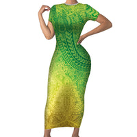 Hawaiian Turtles and Leis Short Sleeve Bodycon Dress Tribal Kakau Pattern Fresh Summer Vibe