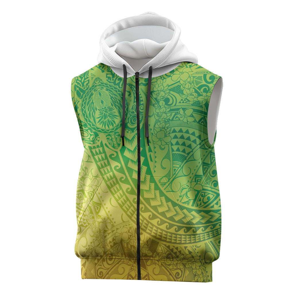 Hawaiian Turtles and Leis Sleeveless Zip Hoodie Tribal Kakau Pattern Fresh Summer Vibe