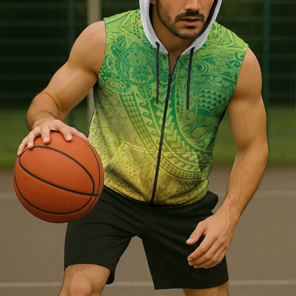 Hawaiian Turtles and Leis Sleeveless Zip Hoodie Tribal Kakau Pattern Fresh Summer Vibe