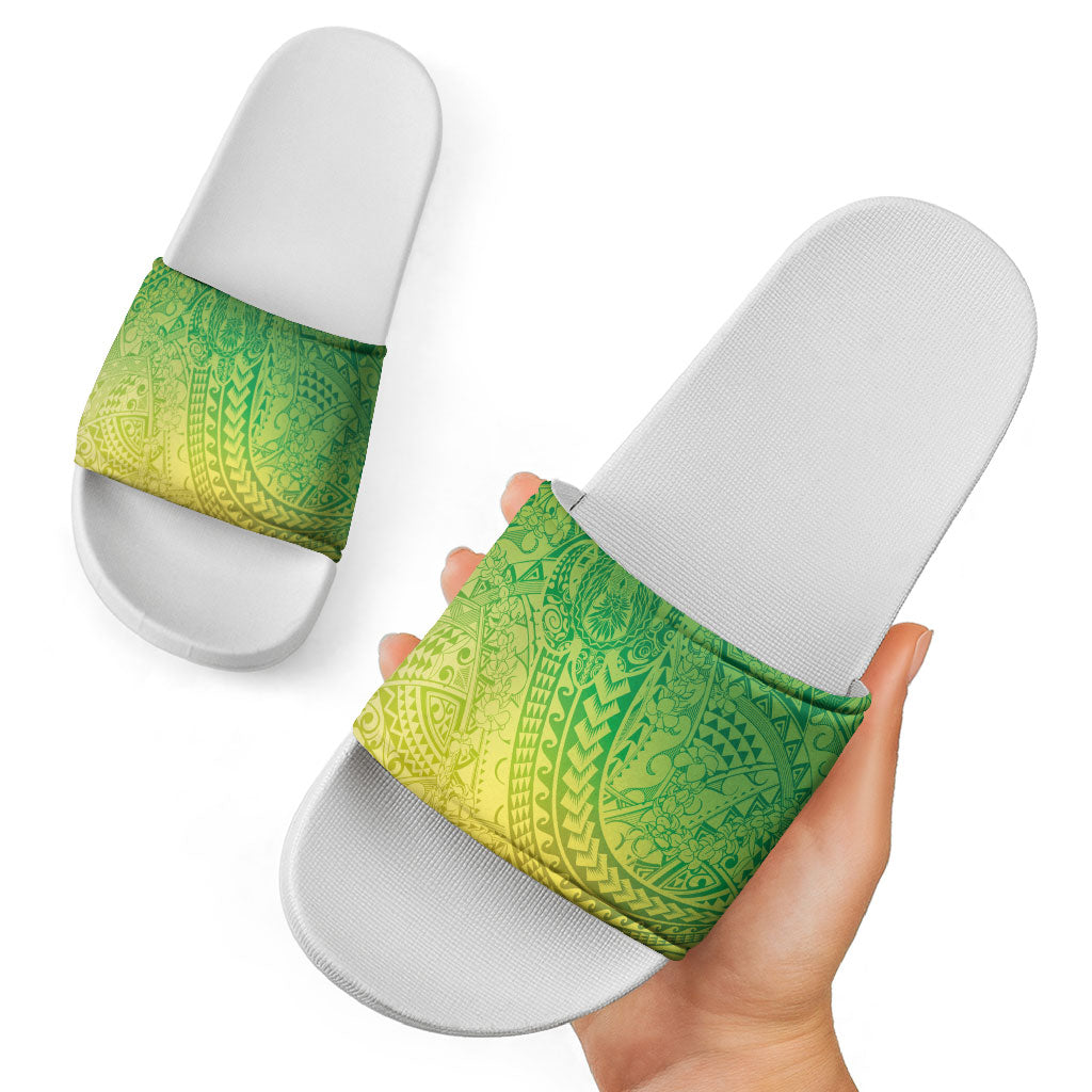 Hawaiian Turtles and Leis Slide Sandals Tribal Kakau Pattern Fresh Summer Vibe