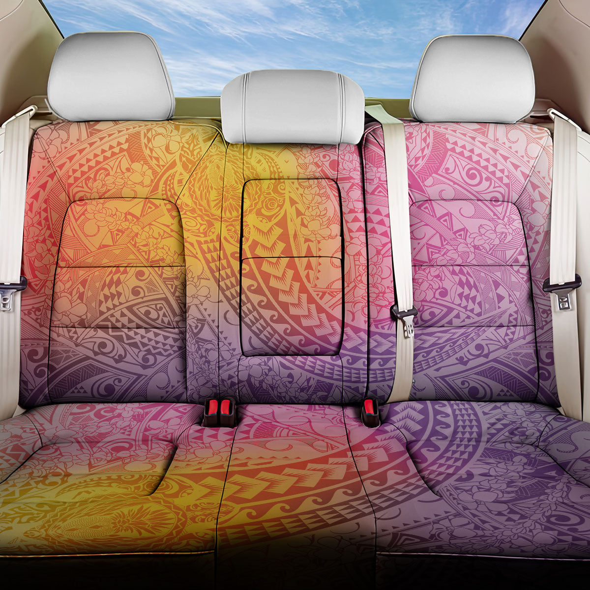 Hawaiian Turtles and Leis Back Car Seat Cover Tribal Kakau Pattern Magical Rainbow Sky