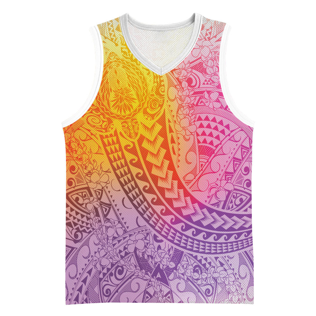 Hawaiian Turtles and Leis Basketball Jersey Tribal Kakau Pattern Magical Rainbow Sky