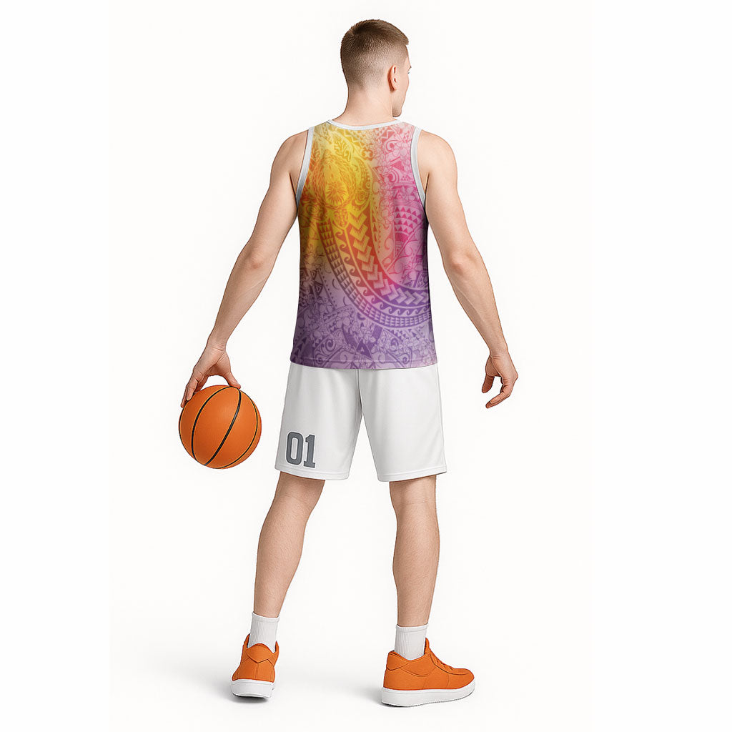 Hawaiian Turtles and Leis Basketball Jersey Tribal Kakau Pattern Magical Rainbow Sky