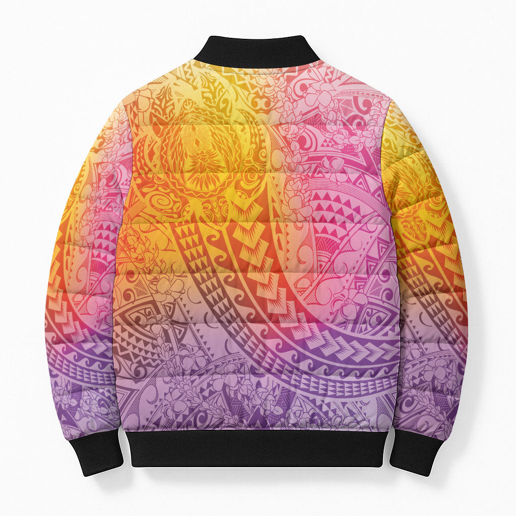 Hawaiian Turtles and Leis Bomber Puffer Jacket Tribal Kakau Pattern Magical Rainbow Sky
