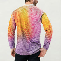 Hawaiian Turtles and Leis Button Sweatshirt Tribal Kakau Pattern Magical Rainbow Sky