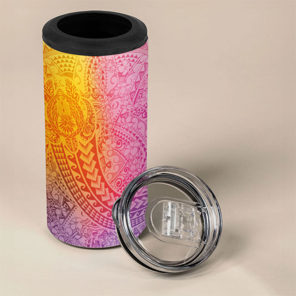 Hawaiian Turtles and Leis 4 in 1 Can Cooler Tumbler Tribal Kakau Pattern Magical Rainbow Sky