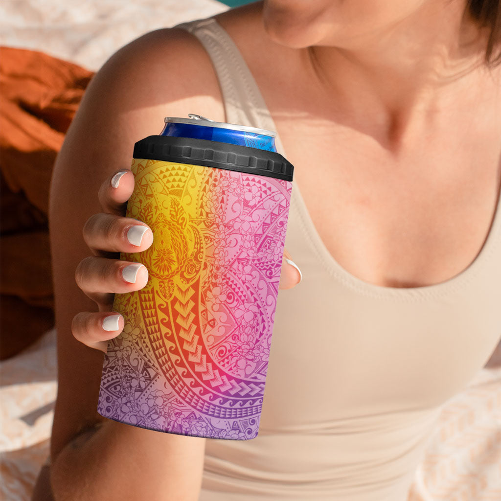 Hawaiian Turtles and Leis 4 in 1 Can Cooler Tumbler Tribal Kakau Pattern Magical Rainbow Sky
