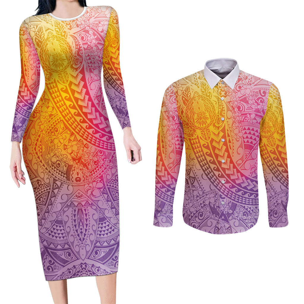 Hawaiian Turtles and Leis Couples Matching Long Sleeve Bodycon Dress and Long Sleeve Button Shirt Tribal Kakau Pattern Magical Rainbow Sky LT03 Multicolor - Polynesian Pride