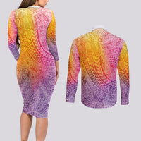 Hawaiian Turtles and Leis Couples Matching Long Sleeve Bodycon Dress and Long Sleeve Button Shirt Tribal Kakau Pattern Magical Rainbow Sky