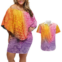 Hawaiian Turtles and Leis Couples Matching Off Shoulder Short Dress and Hawaiian Shirt Tribal Kakau Pattern Magical Rainbow Sky