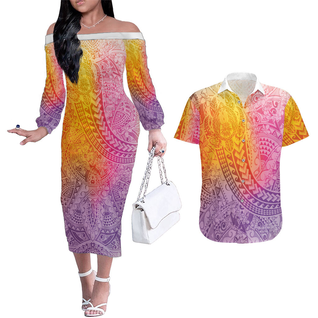 Hawaiian Turtles and Leis Couples Matching Off The Shoulder Long Sleeve Dress and Hawaiian Shirt Tribal Kakau Pattern Magical Rainbow Sky