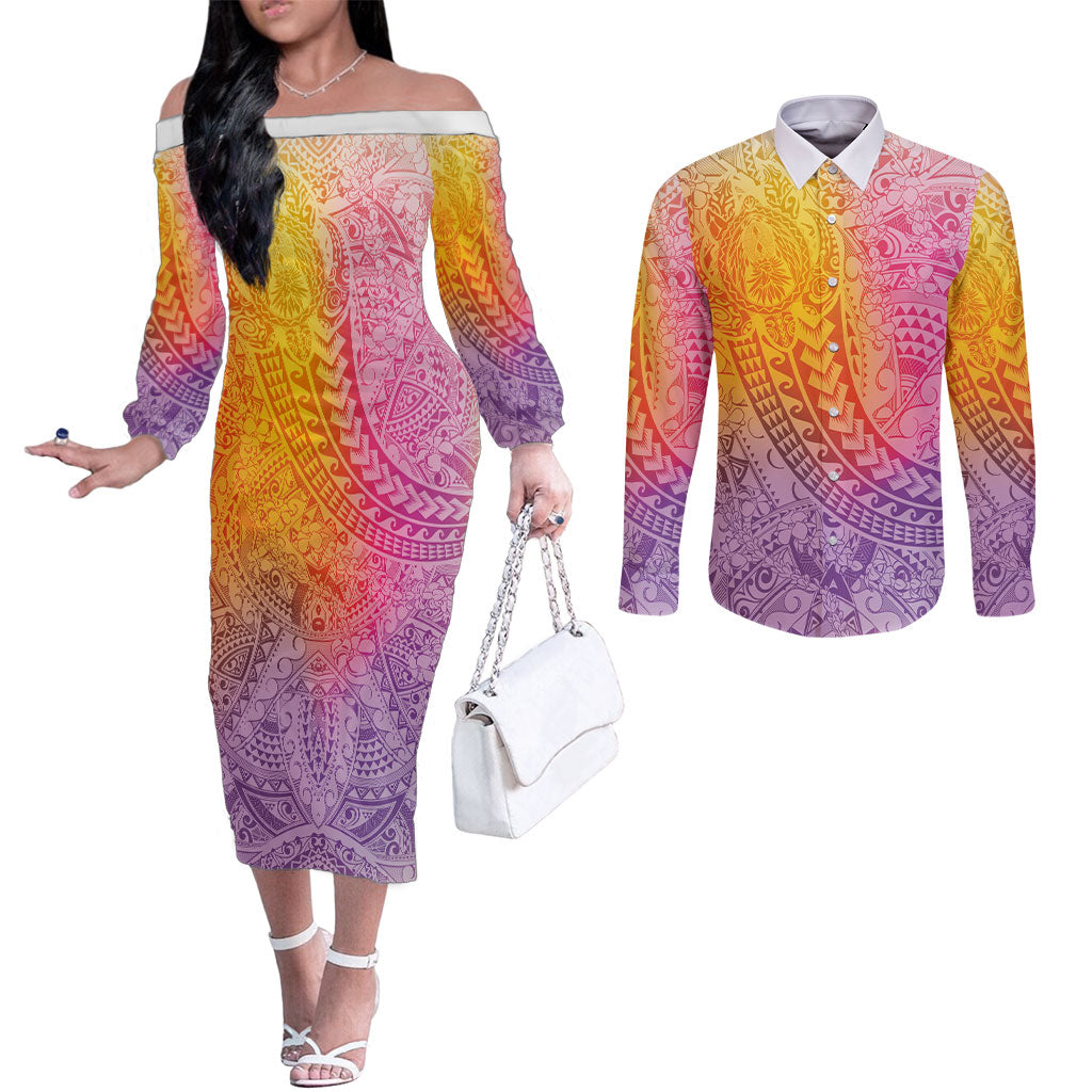 Hawaiian Turtles and Leis Couples Matching Off The Shoulder Long Sleeve Dress and Long Sleeve Button Shirt Tribal Kakau Pattern Magical Rainbow Sky