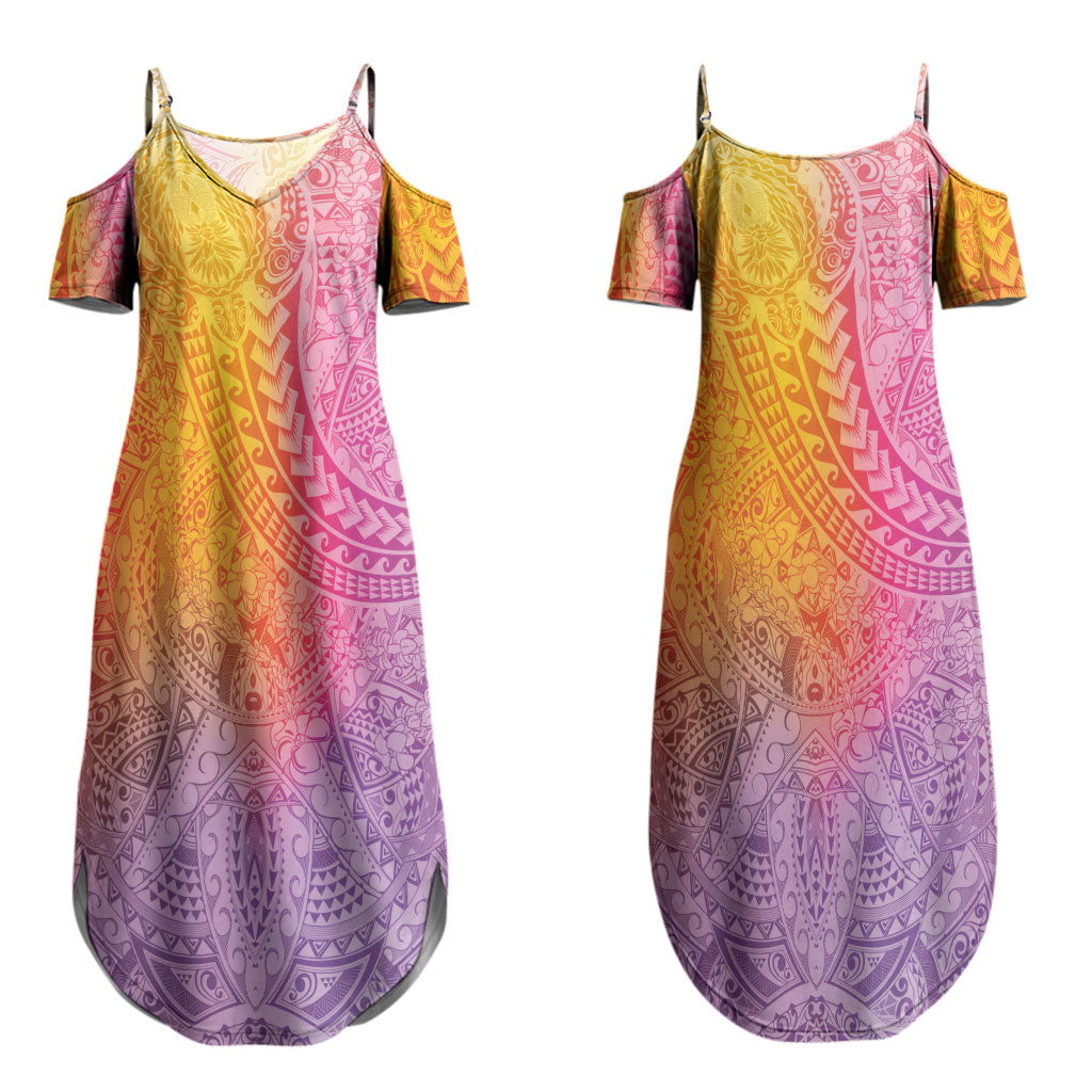 Hawaiian Turtles and Leis Couples Matching Summer Maxi Dress and Hawaiian Shirt Tribal Kakau Pattern Magical Rainbow Sky LT03 - Polynesian Pride