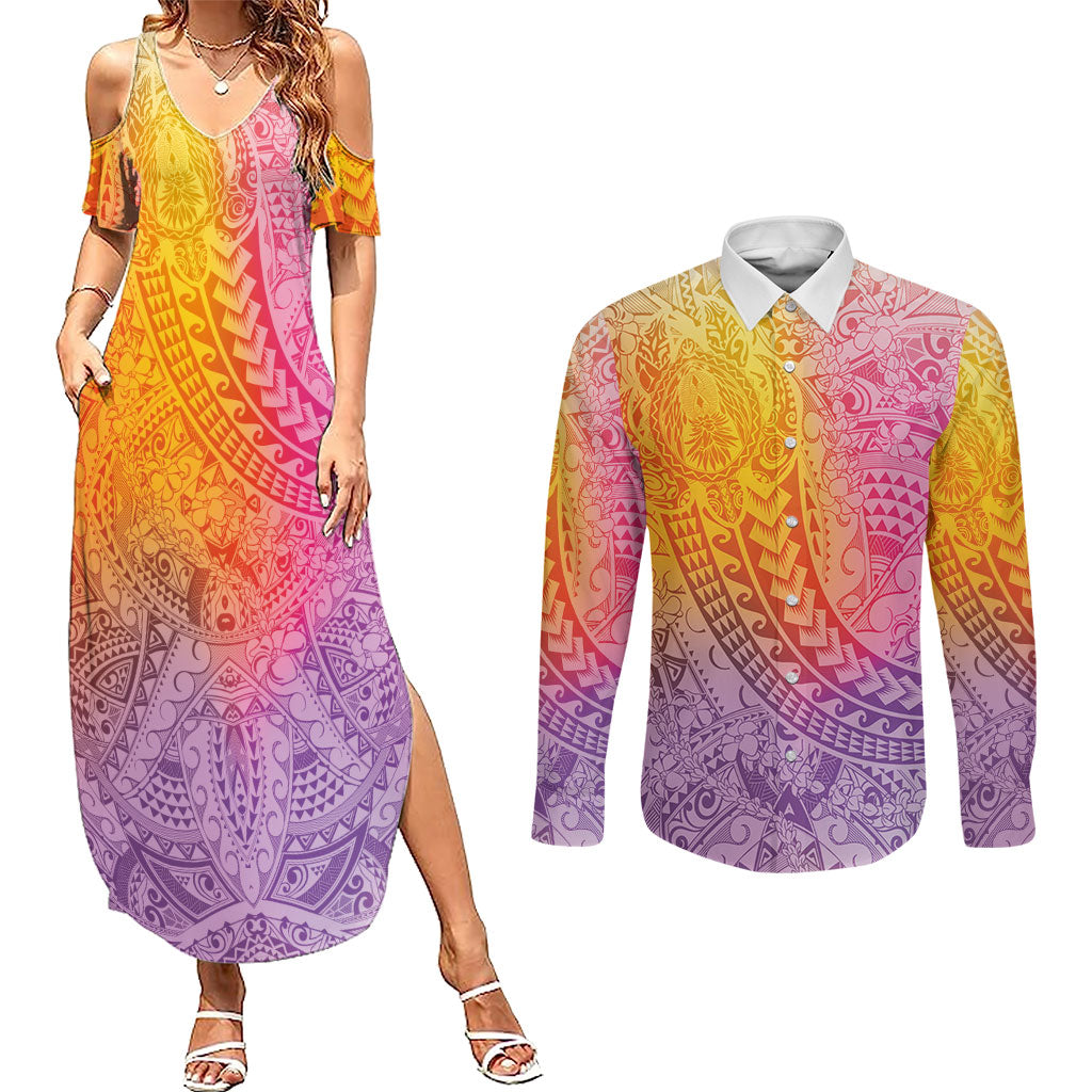 Hawaiian Turtles and Leis Couples Matching Summer Maxi Dress and Long Sleeve Button Shirt Tribal Kakau Pattern Magical Rainbow Sky