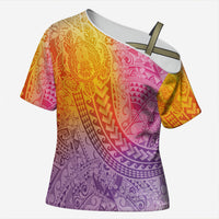 Hawaiian Turtles and Leis Cross Shoulder Shirt Tribal Kakau Pattern Magical Rainbow Sky