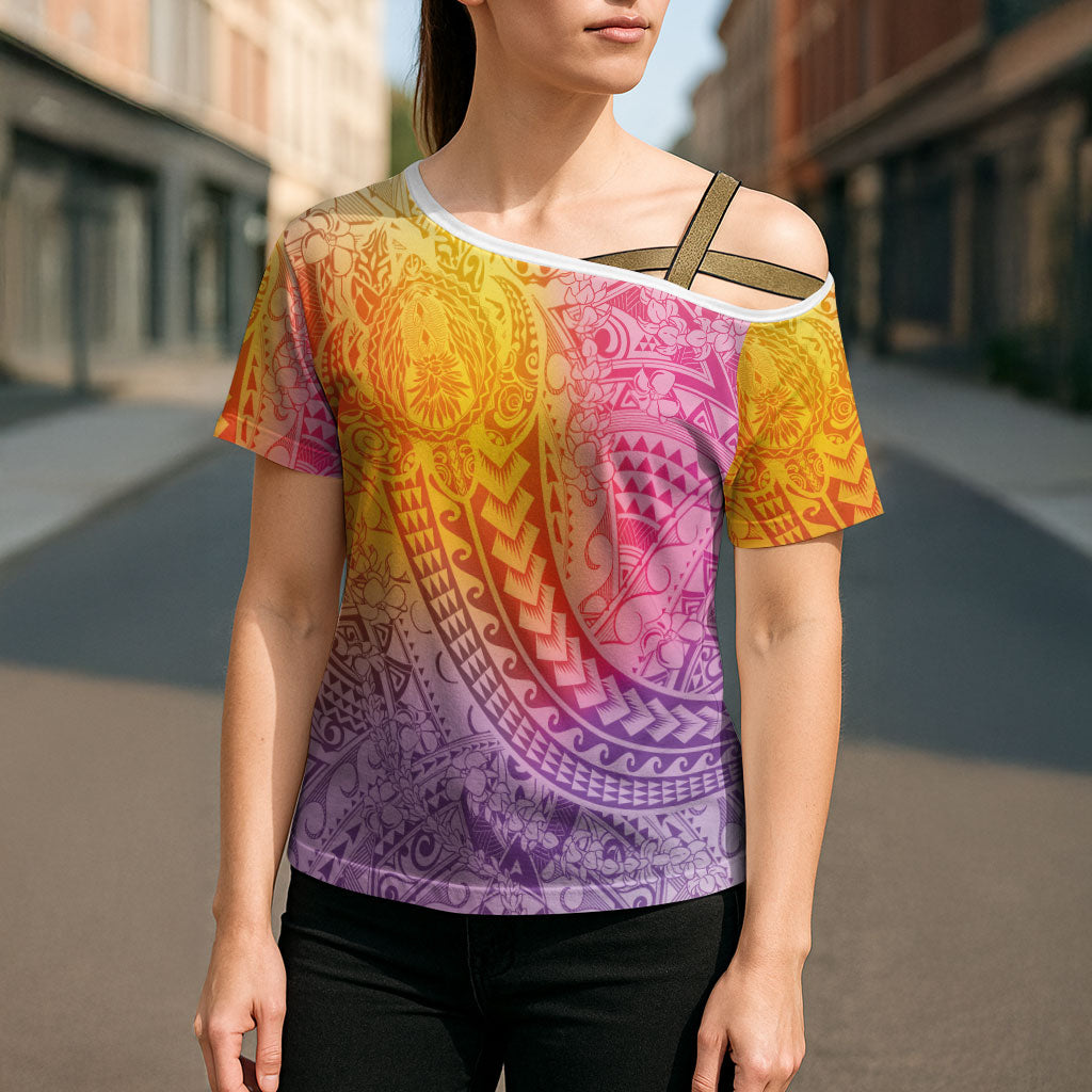 Hawaiian Turtles and Leis Cross Shoulder Shirt Tribal Kakau Pattern Magical Rainbow Sky