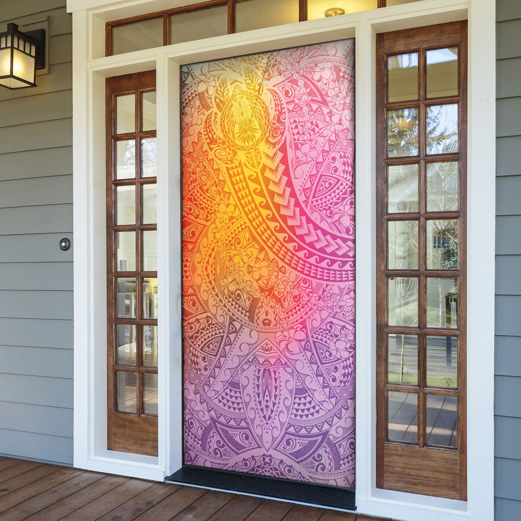 Hawaiian Turtles and Leis Door Cover Tribal Kakau Pattern Magical Rainbow Sky