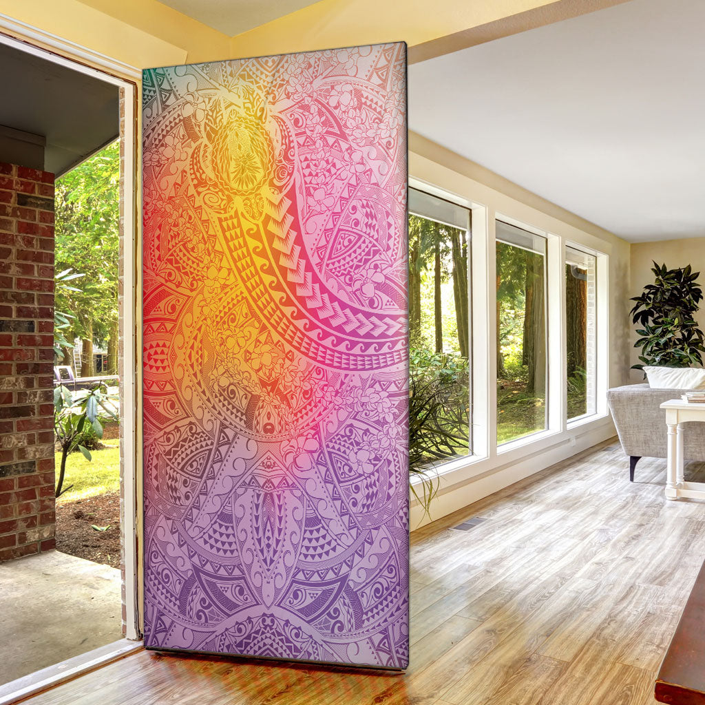 Hawaiian Turtles and Leis Door Cover Tribal Kakau Pattern Magical Rainbow Sky