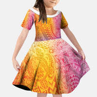 Hawaiian Turtles and Leis Family Matching Off Shoulder Short Dress and Hawaiian Shirt Tribal Kakau Pattern Magical Rainbow Sky