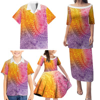 Hawaiian Turtles and Leis Family Matching Puletasi and Hawaiian Shirt Tribal Kakau Pattern Magical Rainbow Sky