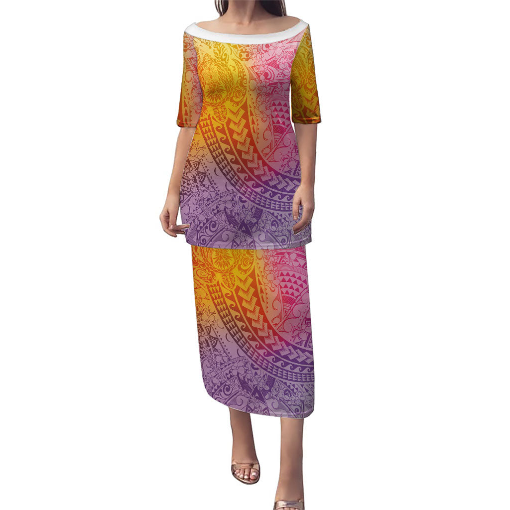 Hawaiian Turtles and Leis Family Matching Puletasi and Hawaiian Shirt Tribal Kakau Pattern Magical Rainbow Sky