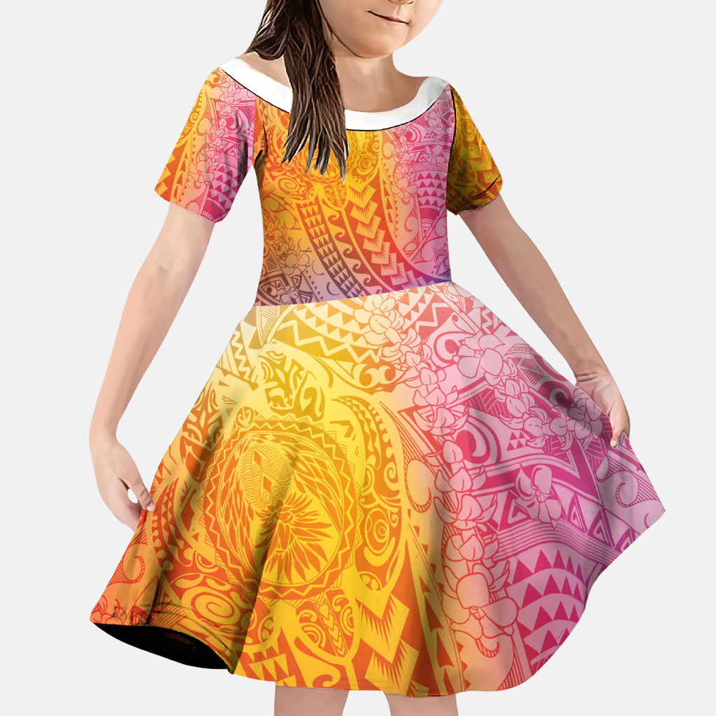 Hawaiian Turtles and Leis Family Matching Short Sleeve Bodycon Dress and Hawaiian Shirt Tribal Kakau Pattern Magical Rainbow Sky