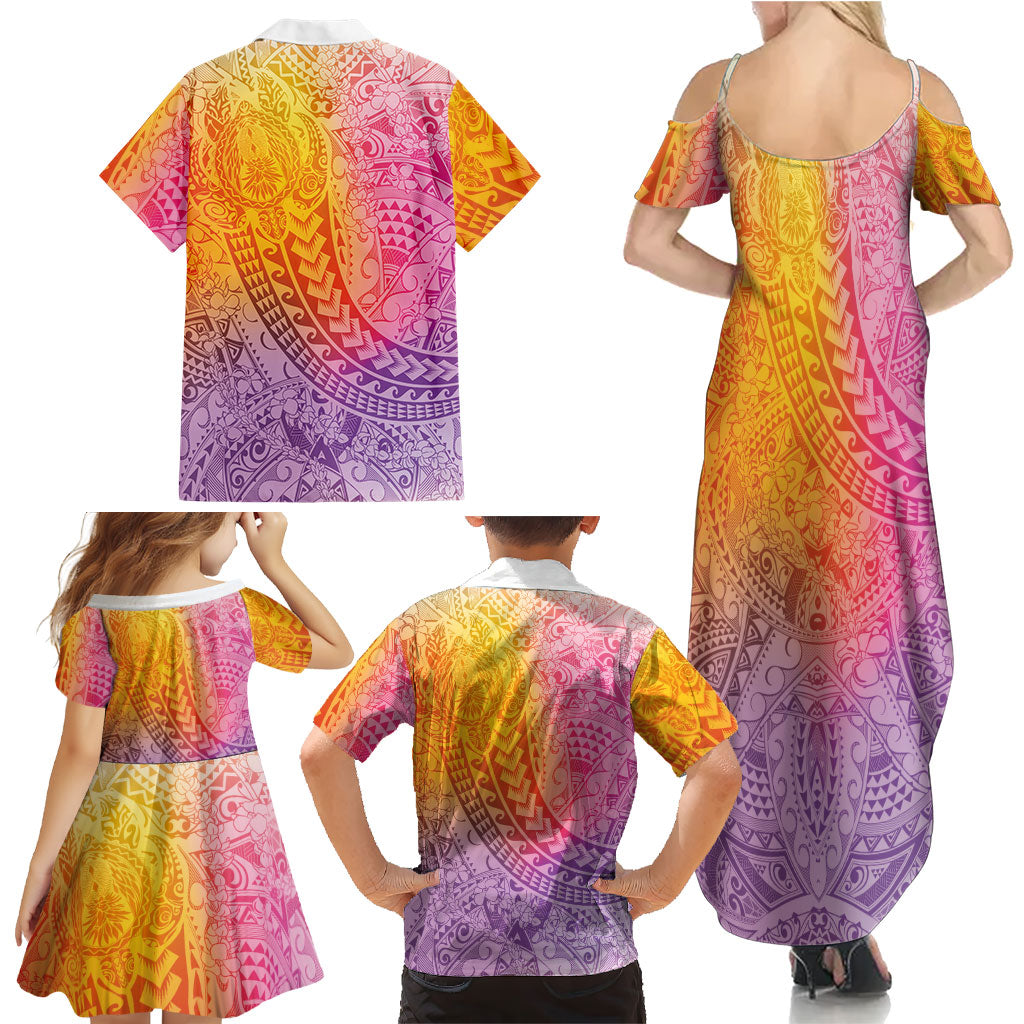 Hawaiian Turtles and Leis Family Matching Summer Maxi Dress and Hawaiian Shirt Tribal Kakau Pattern Magical Rainbow Sky