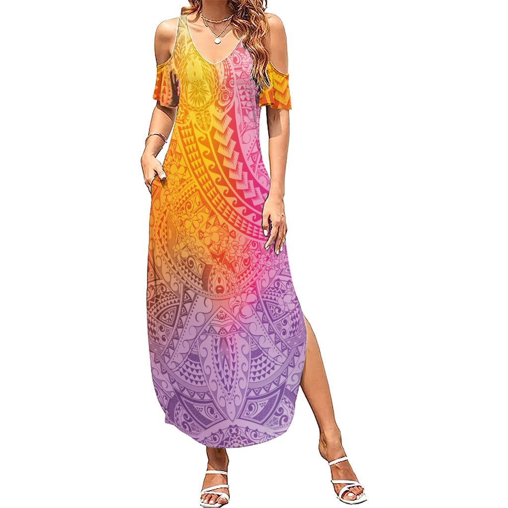 Hawaiian Turtles and Leis Family Matching Summer Maxi Dress and Hawaiian Shirt Tribal Kakau Pattern Magical Rainbow Sky