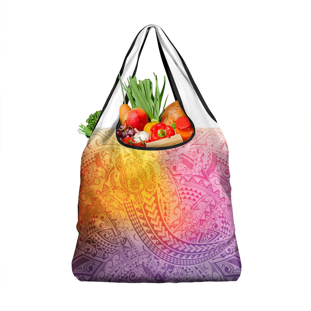 Hawaiian Turtles and Leis Grocery Bag Tribal Kakau Pattern Magical Rainbow Sky