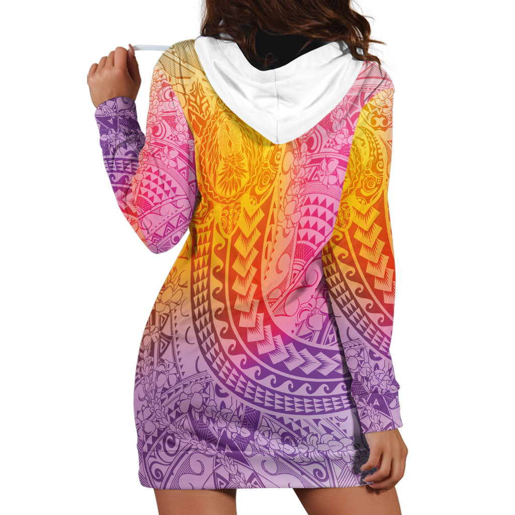 Hawaiian Turtles and Leis Hoodie Dress Tribal Kakau Pattern Magical Rainbow Sky