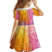Hawaiian Turtles and Leis Kid Short Sleeve Dress Tribal Kakau Pattern Magical Rainbow Sky