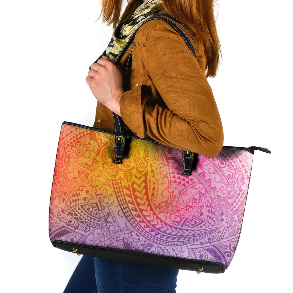 Hawaiian Turtles and Leis Leather Tote Bag Tribal Kakau Pattern Magical Rainbow Sky