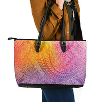 Hawaiian Turtles and Leis Leather Tote Bag Tribal Kakau Pattern Magical Rainbow Sky