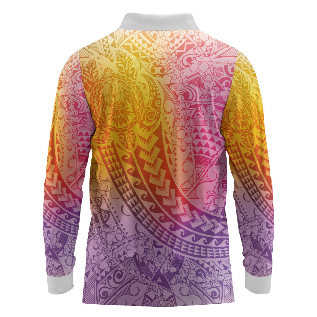 Hawaiian Turtles and Leis Long Sleeve Polo Shirt Tribal Kakau Pattern Magical Rainbow Sky