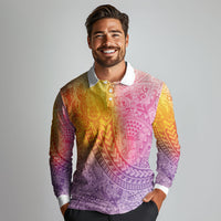 Hawaiian Turtles and Leis Long Sleeve Polo Shirt Tribal Kakau Pattern Magical Rainbow Sky