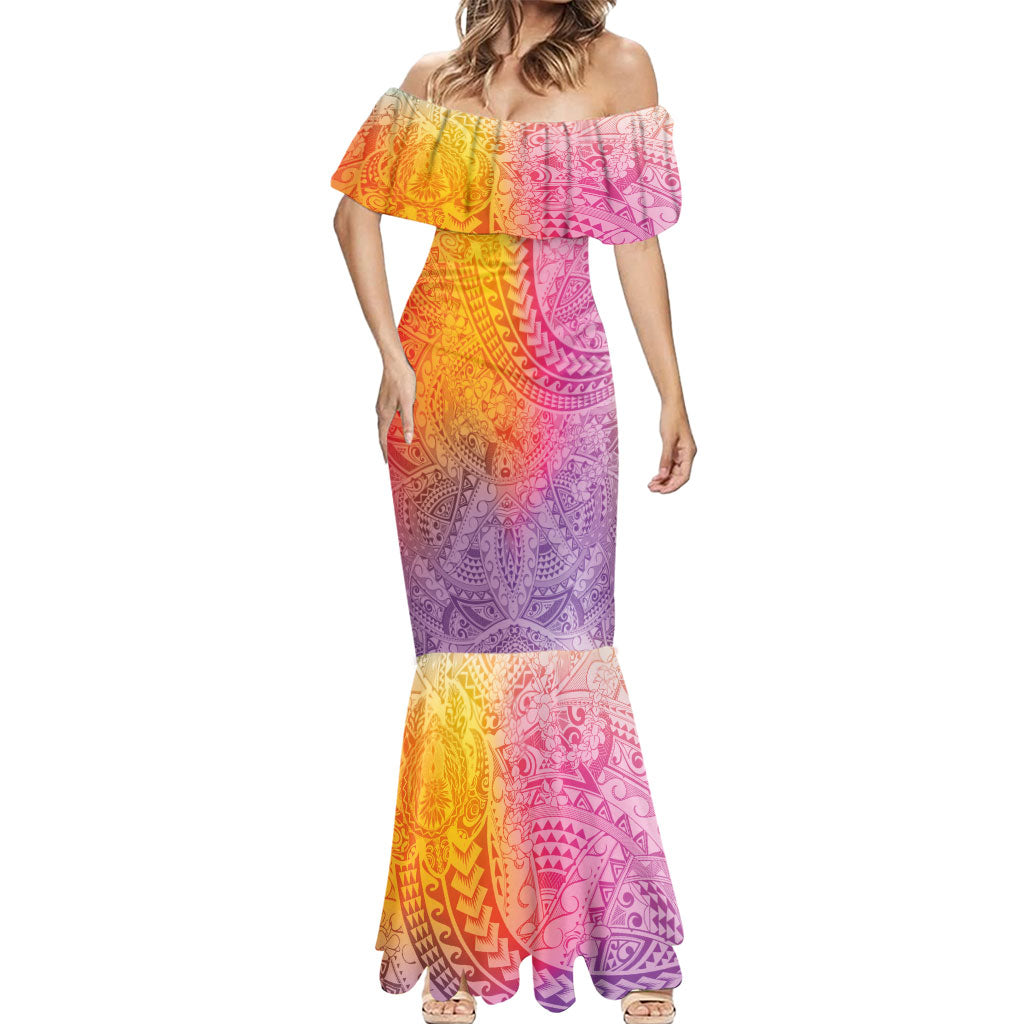 Hawaiian Turtles and Leis Mermaid Dress Tribal Kakau Pattern Magical Rainbow Sky