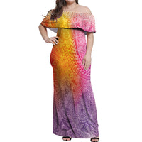 Hawaiian Turtles and Leis Off Shoulder Maxi Dress Tribal Kakau Pattern Magical Rainbow Sky