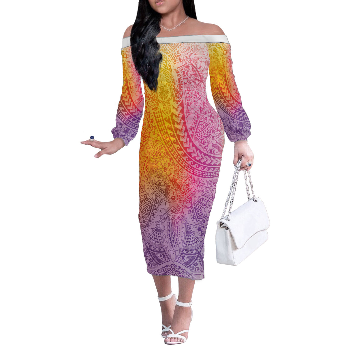 Hawaiian Turtles and Leis Off The Shoulder Long Sleeve Dress Tribal Kakau Pattern Magical Rainbow Sky