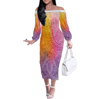 Hawaiian Turtles and Leis Off The Shoulder Long Sleeve Dress Tribal Kakau Pattern Magical Rainbow Sky