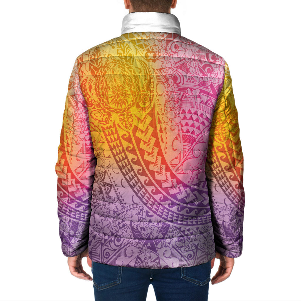 Hawaiian Turtles and Leis Padded Jacket Tribal Kakau Pattern Magical Rainbow Sky