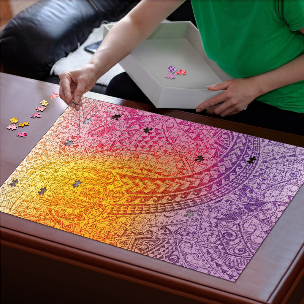 Hawaiian Turtles and Leis Puzzle Tribal Kakau Pattern Magical Rainbow Sky